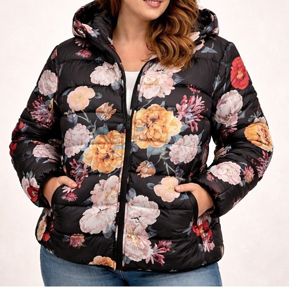 Coldesina Black Floral Satin Puffer Coat Plus Size 2X Full Zip Rose Peony Dahlia